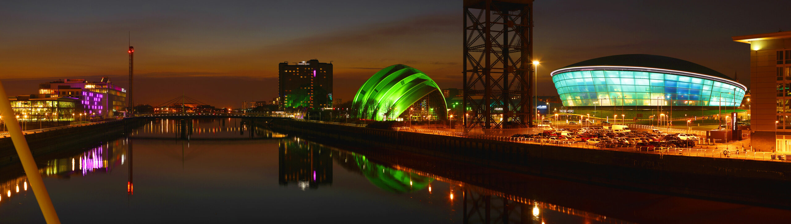 RIVER CLYDE PANORAMIC HYDRO ARMADILLO, SECC AND BBC BUILDINGS, NIGHT